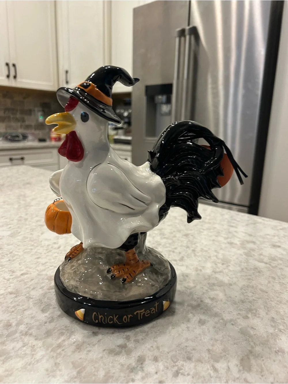 “New” Blue Sky Clayworks Chick or Treat Rooster Figurine with Pumpkin Bucket